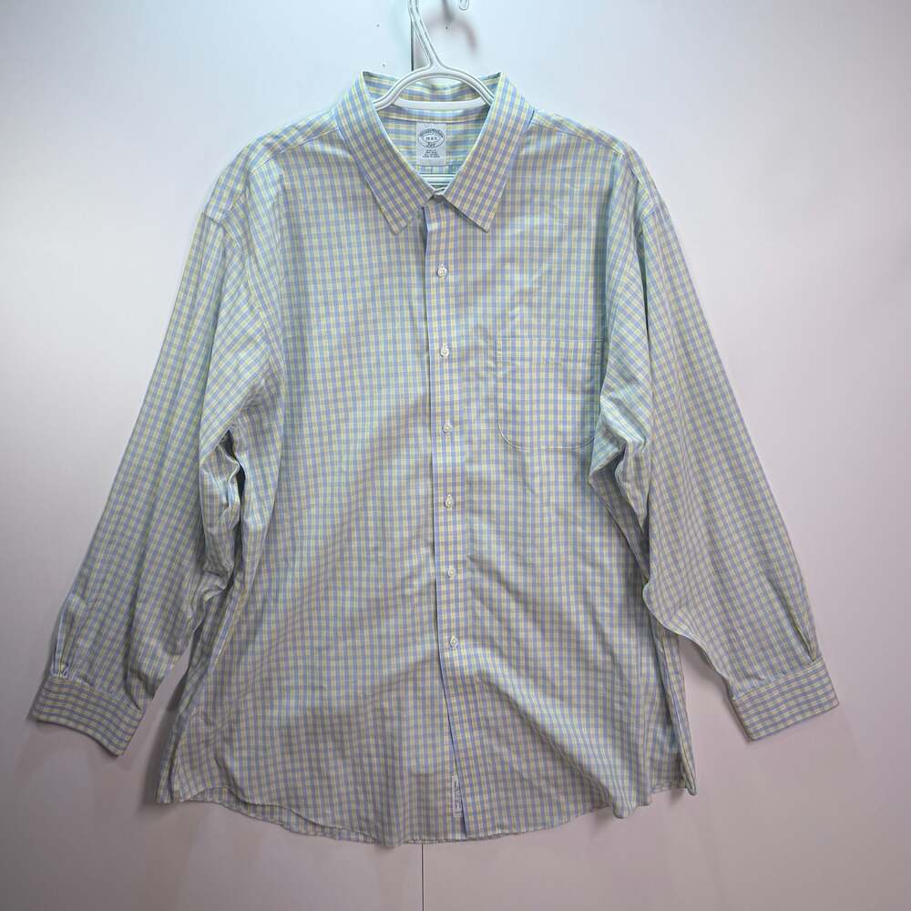 Brooks Brothers 346 Slim Fit Non-Iron Long Sleeve Plaid Dress Shirt Blue/ Yellow